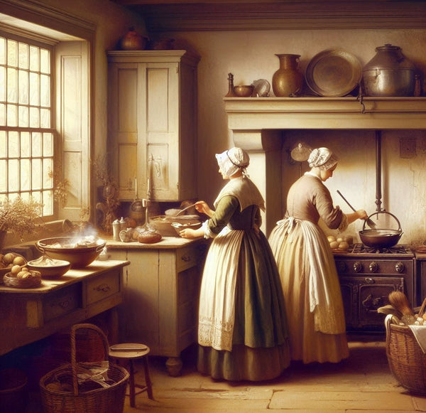 Early colonial American women cooking.