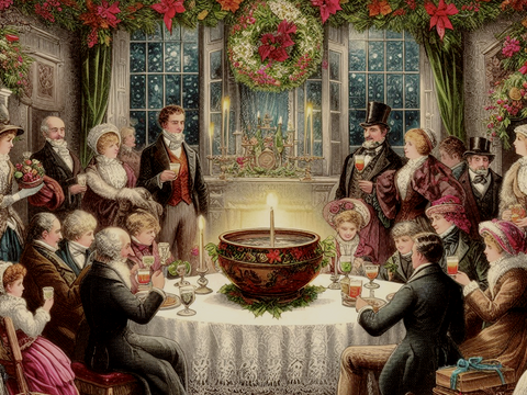 Revelers enjoying traditional wassail on Christmas.